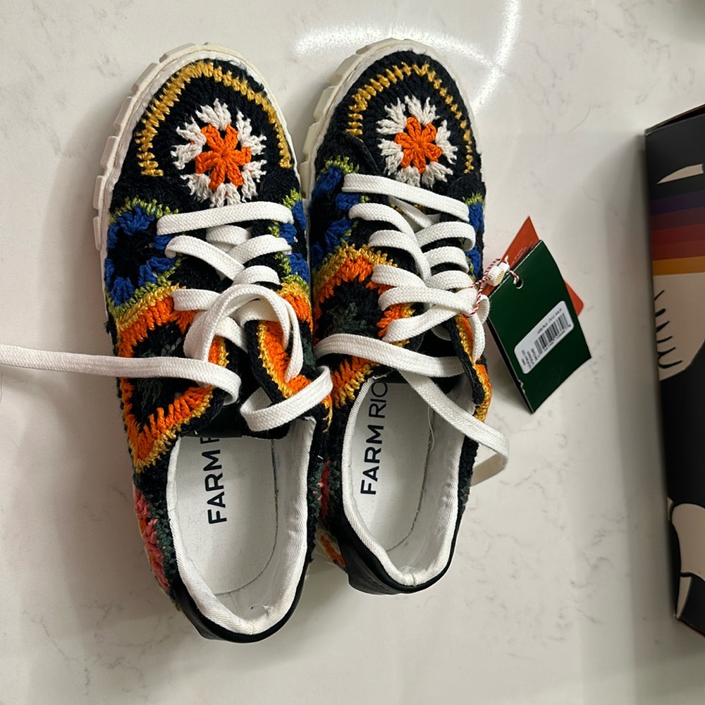Farm Rio | Black Artisanal Flower Platform Crochet Sneakers.